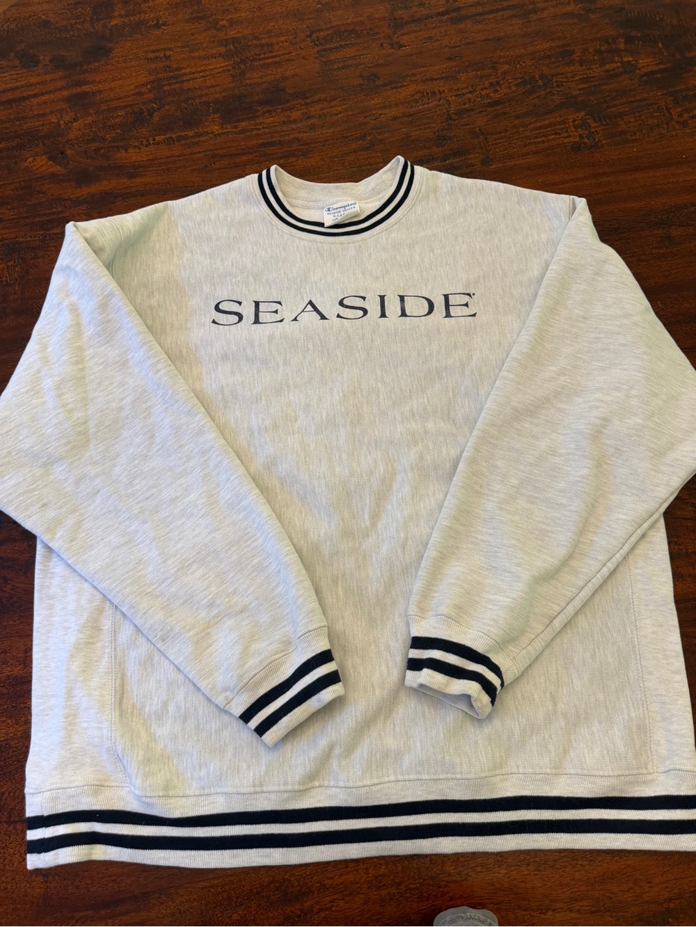 Light Gray SEASIDE Crewneck Sweatshirt with Navy Trim